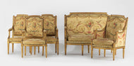 Louis XVI Period Giltwood Salon Suite with Aubusson Tapestry: Canapé, Three Fauteuils and a Bergère