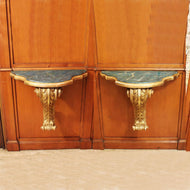 Pair of Italian Lacquered and Parcel-Gilt Wall Consoles with Faux Marble Tops
