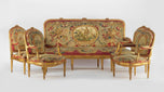 Transition Period Giltwood Salon Suite with Aubusson Tapestry: Canapé and Four Fauteuils