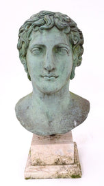 Verdigris Bronze Bust of a Classical Youth, possibly Apollo, on Marble Base